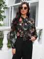 Women's Floral Print Tie Neck Long Sleeve Blouse