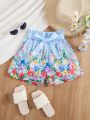 SHEIN Kids FANZEY Tween Girl's Striped Flower Pattern Shorts With Detachable Belt, Ruffled Hem