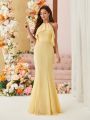 SHEIN Belle Chiffon Bridesmaid Dress With Halter Neck, Gathered Waist, Pleated Detail And Slight Fish Tail
