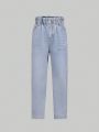 Tween Girls' Basic Casual Light Blue Washed High Waisted, Ripped, Frayed, Whiskered, Pocketed & Tapered Jeans