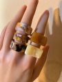 5pcs/set Transparent Resin Chunky Ring Set With Marbled & Irregular Pattern (handmade Marbling Technique, Patterns Vary, Colors May Differ)