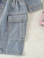 Girls' Softened Water Washed Simple Denim Skirt Suit With Workwear Style
