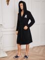 Men Letter Flocking Hooded Belted Robe