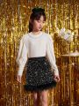 SHEIN Kids KDOMO Tween Girl Fuzzy Trim Sequin Skirt