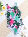 Tween Girl's One Piece Swimsuit With Tropical Plant Print