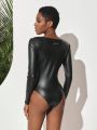 Janis Chow Women'S Long Sleeve Pu Leather Bodysuit Jumpsuit