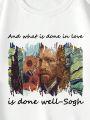 Men'S Plus Size Fleece Sweatshirt With Slogan And Oil Painting Print