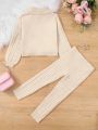 SHEIN Toddler Girls' Long Sleeve Turtleneck Sweater And Sweater Pants Set, 2pcs