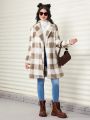 SHEIN Teen Girl Buffalo Plaid Print Lapel Neck Fuzzy Coat