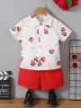 SHEIN Toddler Boys' Gentlemen Style Flower Print Short Sleeve Shirt And Shorts Set