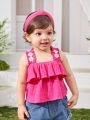 SHEIN Baby Girl's Casual & Vacation-Style Flower Patterned Cropped Top With Ruffled Hem And Wide Straps