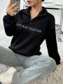 Text Printed Half Zip Casual Sweatshirt