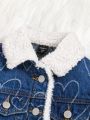SHEIN Little Girls' Denim Jacket With Collar And Heart Pattern