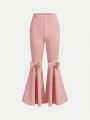 SHEIN Kids FANZEY Tween Girls' Solid Color Skinny Flared Pants With Bowknot