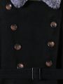 SHEIN Tween Girl Borg Collar Double Breasted Belted Overcoat Without Sweater