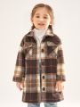 SHEIN Toddler Girls Plaid Print Flap Pocket Drop Shoulder Overcoat