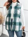 SHEIN CURVE+ Plus Plaid Print Flap Detail Vest Overcoat