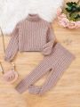 SHEIN Young Girl Turtleneck Cable Knit Sweater & Knit Pants
