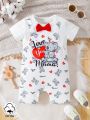 Baby Boy Cute Koala Printed Romper With Bowtie Collar And Elastic Waist Shorts