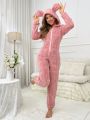 Women'S Plush Pajama Jumpsuit With Bear Pressed Design, Animal Ear And Fleece Material