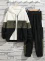 SHEIN Kids EVRYDAY Boys' Casual Hooded Zip-up Plush Jacket And Color Block Pants Outfit Set, Winter