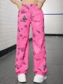 SHEIN Teen Girls' Y2K Trendy Butterfly & Flower Print Casual Hot Pink Straight Leg Jeans For School,Girls Spring Summer Clothes Outfits