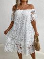 SHEIN VCAY Plus Size Hollow Out Embroidered One-Shoulder Solid Color Dress