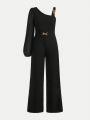 SHEIN Teen Girl Asymmetrical Neck Lantern Sleeve Chain Detail Jumpsuit