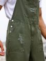 Men Ripped Slant Pocket Denim Overalls Without Tee