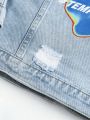 Boys' Broken Hole Denim Jacket With Slogan Print