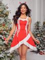 Lace Up Front Ruffle Trim Christmas Costume Dress With Thong