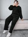 SHEIN Essnce Plus Size Women'S Textured Hooded Top & Pants Set