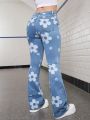 SHEIN Teenage Girls' Floral Printed Youthful Academy Water Washed Casual Bell-Bottom Jeans