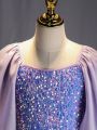 Tween Girls' Formal Dress With Puff Sleeves, Personality Sparkle Skirt For Performance, Wedding, Evening Party, Birthday