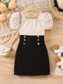 SHEIN Kids FANZEY Young Girl's 2 In 1 Splicing Short Puff Sleeve Color Block Dress