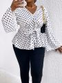 SHEIN Privé Plus Size Women's Polka Dot Printed Wrap Shirt
