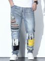 Men Plus Geo Print Cat Whisker Straight Leg Jeans