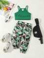 Baby Girl And Child Letter Printed Cami Top Camouflage Printed Cargo Pants Suit