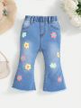 SHEIN Baby Girls' High Elastic Washed Fashionable Leisure Cute Flower Print Flared Jeans,Spring/Summer Boho Cute Jeans