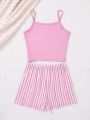 SHEIN Teen Girls' Letter Print Cami Top & Striped Shorts Homewear Set