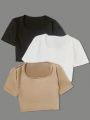 Teen Girls' 3pcs Set Cropped Square Neck Short Sleeve Slim Fit T-Shirt