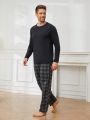 Men Solid Tee & Plaid Print Pants PJ Set