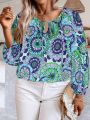 Plus Size Women's Floral Printed Tie Neck Blouse