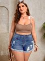 Plus Solid Ripped Roll Up Hem Denim Shorts
