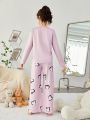 SHEIN Teenage Girls' Knitted Letter & Heart Pattern T-shirt And Long Pants Casual Home Outfit