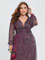 Plus Plunging Neck Lantern Sleeve Glitter Formal Dress