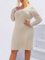 SHEIN LUNE Plus Size Solid Color V-Neck Long Sleeve Sweater Dress