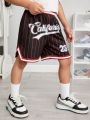 SHEIN Kids Cooltwn Boys' (Toddler/Little Kid) Color Block Striped Shorts With Letter Print