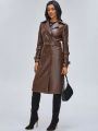 CHEYENNE SAHARA Double Breasted Belted PU Leather Trench Coat