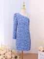 Tween Girls' Romantic Elegant One Shoulder Sequined Party Dress, For Occasions Such As Evening Party, Birthday Party, Performance, Etc. Autumn